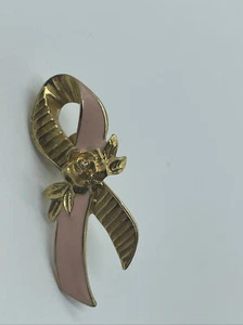 Vintage Avon Breast Cancer Awareness Pink Gold Ribbon Rose Brooch Pin A2 - Picture 1 of 4