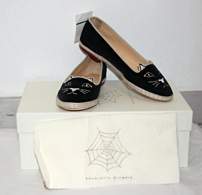 CHARLOTTE OLYMPIA CAPRI CAT VELVET ESPADRILLE FLATS BLACK sz US 6.5/ IT 37 $600  - Image 1 of 4