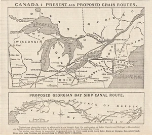 Mapa impreso periódico original de rutas de grano presentes y propuestas de Canadá 1908 - Imagen 1 de 1