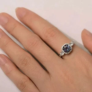 2.00 CT Round Cut Alexandrite Engagement Halo Ring 14K White Gold Plated - Picture 1 of 4