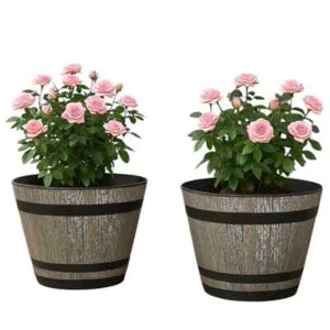 2 Stück Kunststoff Whiskyfass Pflanzgefäße 35 cm Braun Esche 18L Garten Töpfe Outdoor - Bild 1 von 12