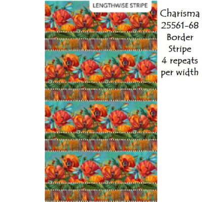 Charisma Poppies Border Stripe Cotton Quilt fabric Northcott 25561-68 - Image 1 of 4