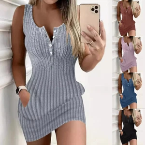 Women V-Neck Button Sleeveless Knit Bodycon Mini Dress Ladies Tank Solid Dresses - Picture 1 of 22