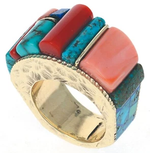 14K Gold Ring With High Grade Natural Multi-Stone Inlay Design - Picture 1 of 6