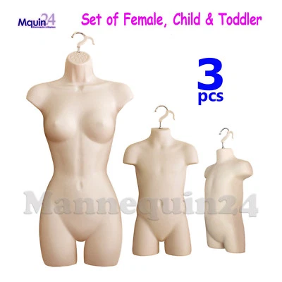 3 FLESH MANNEQUIN TORSO SET: FEMALE, CHILD & TODDLER DRESS FORMS  - Image 1 of 4