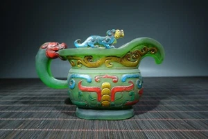 Ottima porcellana arte verde smalto colorato statua drago intagliato colore dipinto tazza - Foto 1 di 9