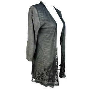 Coldwater Creek Slub Knit Open Cardigan 2X Embroidered Mesh Overlay Gray 89 - Picture 1 of 9