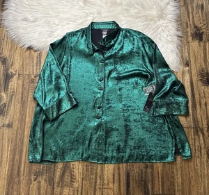 Ali Miles Größe 3X grün schimmernd schwarz Knöpfe Bluse Top 3/4 Ärmel Neu mit Etikett - Bild 1 von 8