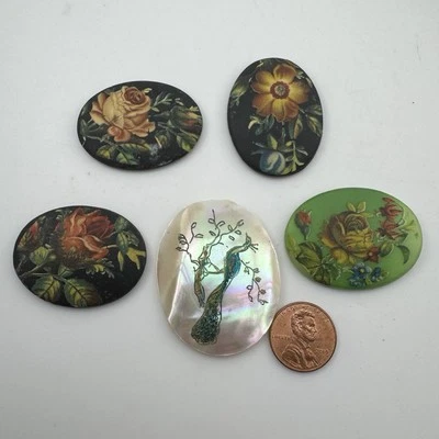 5  Floral Oval Glass Black Porcelain MOP Cabochon Craft Jewelry Brooch  LOT - Image 1 of 4