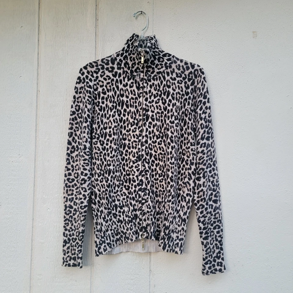 Boston Proper Leopard Print Cardigan Sweater Cotton Silk  Wmms Sz Large Zip Cozy - Image 1 of 4