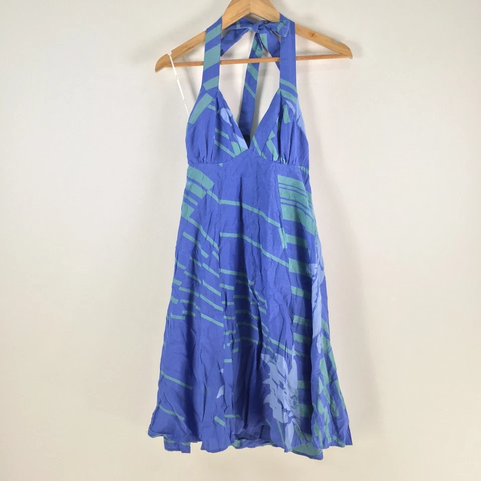 Wish Mujer Vestido Talla 6 Ajuste Acampanado Cuello Halter Azul Floral Sin Mangas 101710 Foto 1 de 4