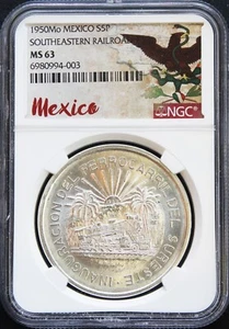 Mexico 5 Pesos Silver 1950 Southeastern Railroad, NGC MS63. KM# 466 - Picture 1 of 4