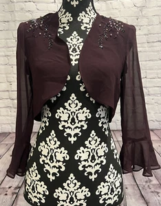 NWT S.L. Fashions Women’s Burgundy Sheered Chiffon LS Rhinestoned Shrug Bolero 8 - Picture 1 of 17