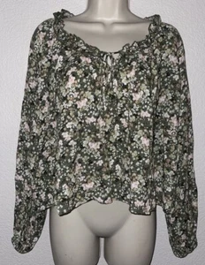 Sadie & Sage Blouse Green Pink White Floral Peasant Boho Ruffled Neck S - Picture 1 of 8