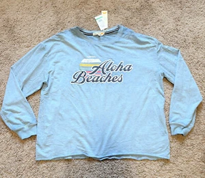NWT - C&C CALIFORNIA WOMEN'S BLUE ALOHA BEACHES L/S GRAPHIC TOP TEE SHIRT - L - Picture 1 of 2