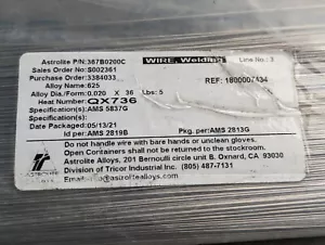 ASTROLITE Inconel 625 Tig Rod AMS5837G 0.020" x 36 5lbs - Picture 1 of 3