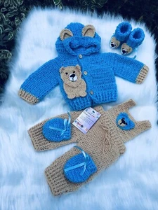 crochet newborn baby boy coming home outfit hoodie jacket romper booties mittens - Picture 1 of 6