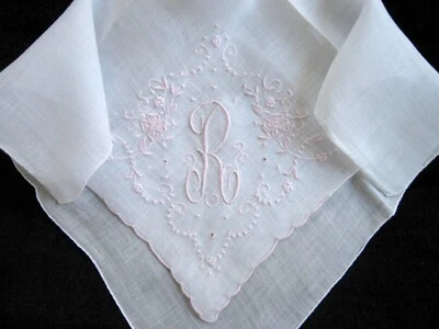 Elegante Pañuelo Vintage Madeira Bordado a Mano Rosa y Blanco Lino Monograma R Foto 1 de 4