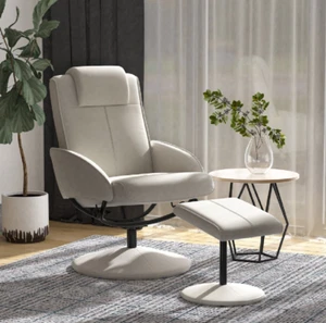 Faux Leather Reclining Swivel Chair & Footstool - Grey - Picture 1 of 11
