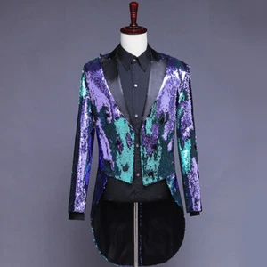 Men Reversible Two Tone Sequin Suit Jacket Tops Tuxedo Tailcoat Coat Peak Lapel - Picture 1 of 11