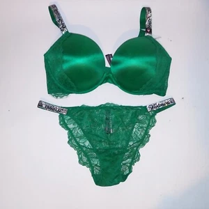 Sujetador Victoria Secret 38DD Push Up XL Panty Verde Brillo Correa Logo Estrás Muy - Imagen 1 de 14