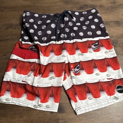 O'Neill Mens Red Solo Cup Board Shorts Size 33 Quarters Beer Pong Swim Trunks - Image 1 of 4