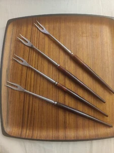 4 Vintage MCM Royal Dolphy Stainless Steel Japan Fondue Forks Wooden Handles - Picture 1 of 7