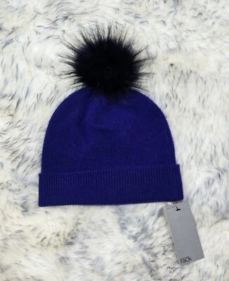 НОВЫЙ С ЯРЛЫКАМИ NORDSTROM СТОЙКА ЖЕНЩИН ВЯЗАНЫЙ 100% КАШЕМИР BEANIE ШЛЯПА СИНИЙ OS ИСКУССТВЕННОГО МЕХА ПОМПОН  - Изображение 1 из 3