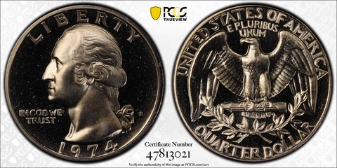 1974-S 25C Washington Quarter PCGS PR67 Protected by Gold Shield & TrueView Cover