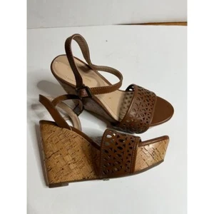 BCBG Brown Leather Laser-Cut Wedge Sandals with Cork Platform 7 1/2 Summer Shoes - Picture 1 of 4
