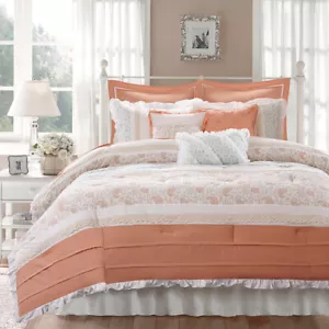 Set piumone morbido 100% cotone corallo paisley pizzo ricamo 9 pz Queen Cal King - Foto 1 di 6