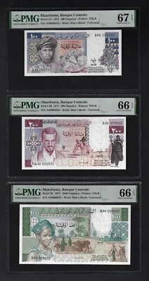 Mauritania 100-200-1000 Ouguiya 1975/1977 P3A-B-C S/N 0008932 UNC Grade 67/66 - Image 1 of 2