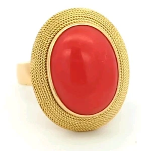 Video 18K Solid Yellow Gold Natural Coral Italian Designer Vergano Artisan Ring  - Picture 1 of 4
