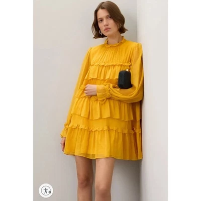 Vestido Adam Lippes con Volantes en Niveles Amarillo Mini Cuello Simulado Manga Larga Talla 10 Foto 1 de 4