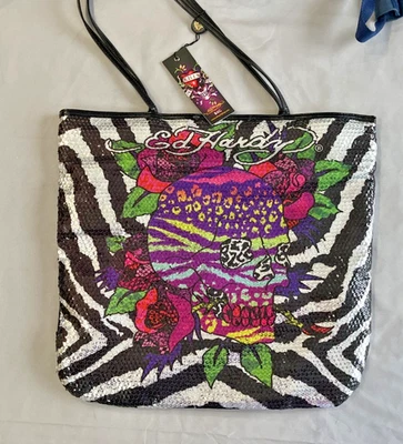 NUEVO Bolso de Mano Ed Hardy Lentejuelas Calavera Rosas Y2K Vibraciones Fondo Animal Arco Iris Foto 1 de 4