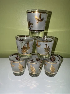 Set of 6 Vintage Libbey Starlyte MCM Frosted Gold Leaves Foliage Shot Glasses - Picture 1 of 7