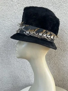 Vintage Black Hat Faux Fur By Duchess Design Patrice Model Feather Sz 22 fedora - Picture 1 of 11