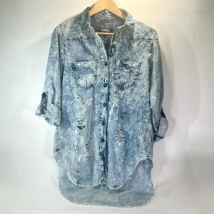 Thrill Jeans Größe M Distressed langes Hemd mit Knopfleiste Acid Wash Farbspritzer - Bild 1 von 6