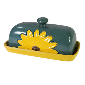 Covered Butter Dish Ceramic Pottery Green Floral Daisy Sunflower Hand Painted