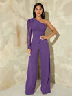Violet Purple SXY One Shoulder Contrast Mesh Puff Sleeve Jumpsuit Sz XS S M L