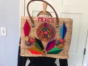 Vintage Large Woven Straw Tote Bag w/ Raised Raffia Flower Embroidery - Mexico  - Picture 1 of 7