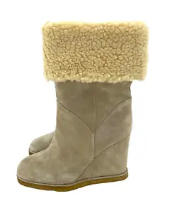 Jeffrey Campbell Suede Leather Wedge Boots Faux Shearling Fur Tan Sz 9 New SH05 - Picture 1 of 9