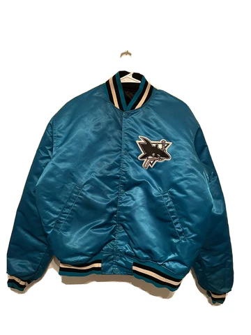 Vintage San Jose Sharks Satin Jacket by Starter Size Lrg. Reversible Cover