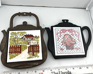Pair VTG Cast Iron Teapot Shaped Trivet Flowers Country House Ceramic Tile - Picture 1 of 6