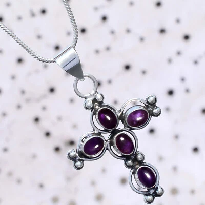 Colgante de piedras preciosas de amatista púrpura africana de plata de ley 925 para hombre joyería cruz Foto 1 de 4