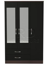 3 Door 2 Drawer Mirrored Wardrobe - Walnut and Black - Picture 1 of 2