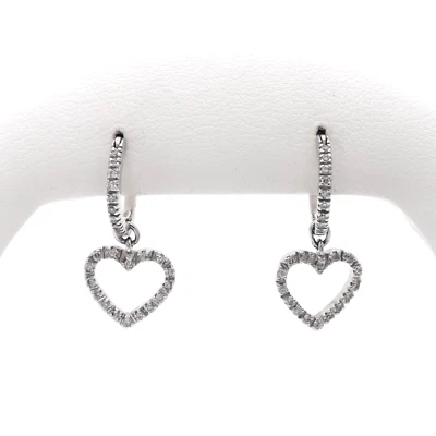 14k White Gold Diamond Open Heart Dangle Hoop Earrings - Image 1 of 4
