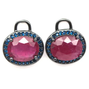 925 Sterling Silver 8 x 10 mm. Pink Ruby & Blue Sapphire Earrings - Picture 1 of 4