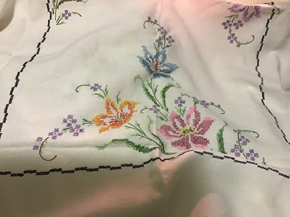 Vintage Floral Hand Embroidered Dinner Table Cloth  48”X 63” - Image 1 of 4