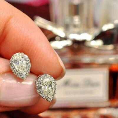 18K White Gold Finish 4Ct Lab Created Pear Diamond Pretty Push Back Halo Earrin - Изображение 1 из 4